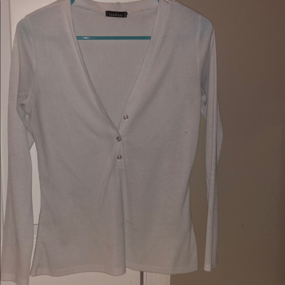 Deep V long sleeve white tee